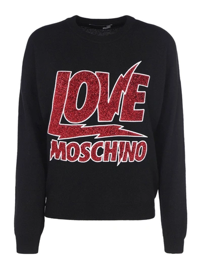 Shop Love Moschino Lurex Logo Crewneck In Black