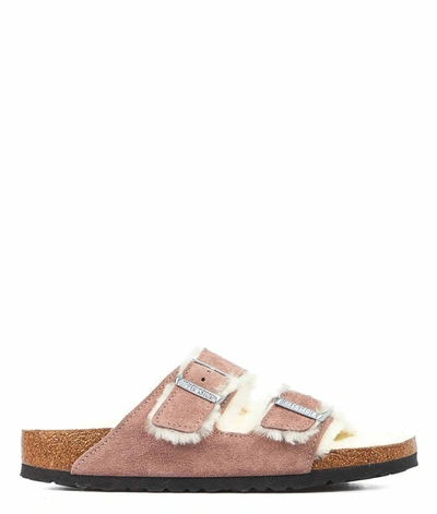 Birkenstock Arizona Mauve Shearling-lined Suede Sliders In Pink