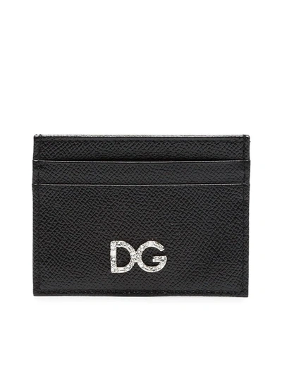 Shop Dolce & Gabbana Black Diamante Logo Leather Card Holder