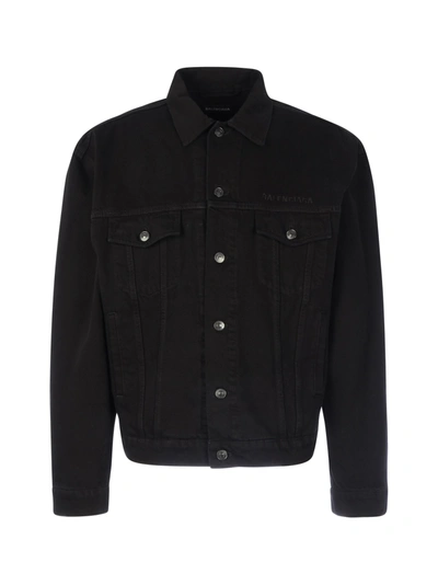 Shop Balenciaga Denim Jacket With Logo In Black