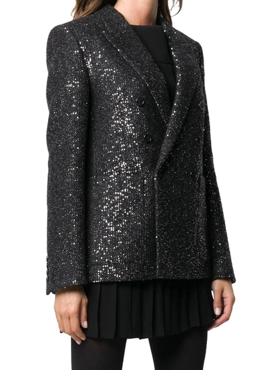 Shop Saint Laurent Double-breasted Glitter Blazer In Black