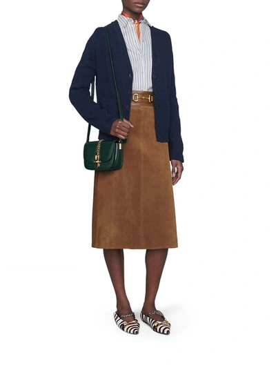 Shop Gucci Horsebit Suede Midi Skirt In Brown