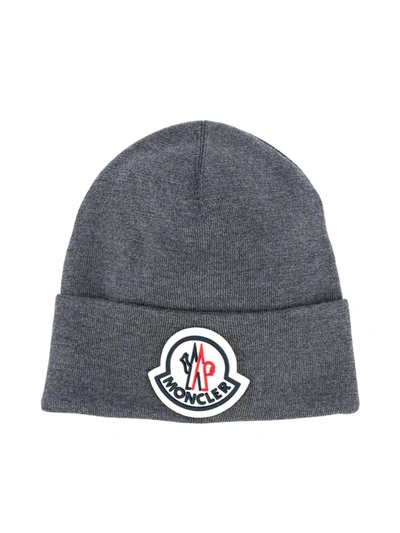 Shop Moncler Logo Patch Beanie In Grey