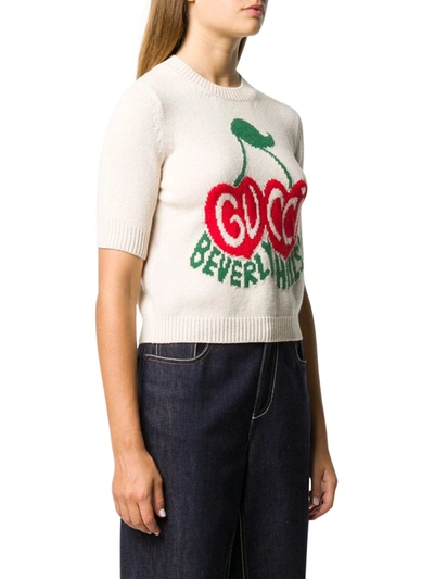 Shop Gucci Short Wool Sweater With Cherry In White