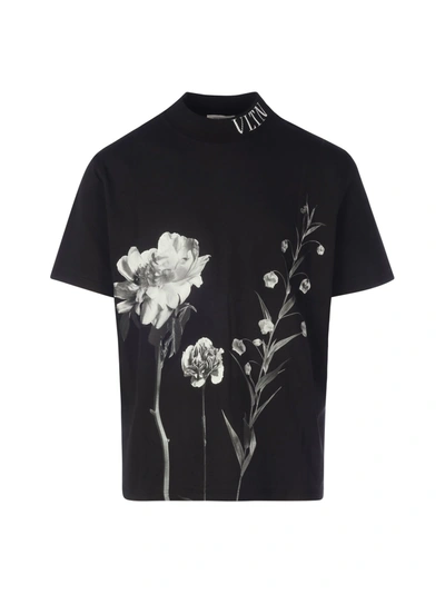 Shop Valentino Vltn Floral-print T-shirt In Black