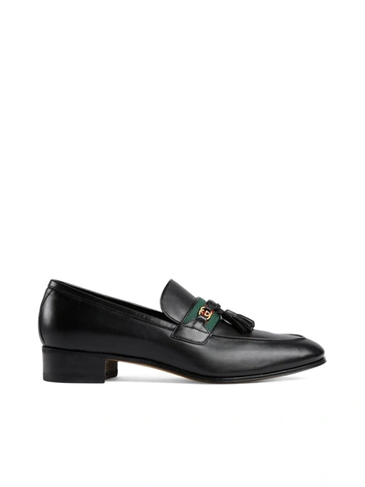 Shop Gucci Web Detailed Gg Motif Loafers In Black