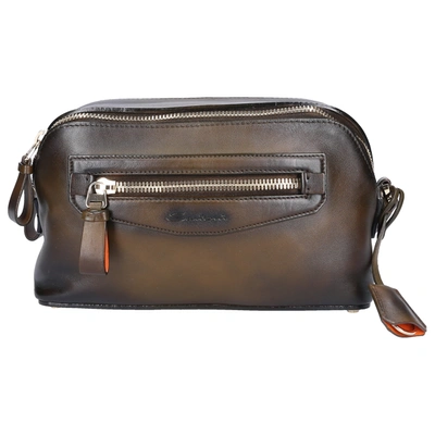 Shop Santoni Men Toiletry Bag A2009 Calfskin Logo Dark Green