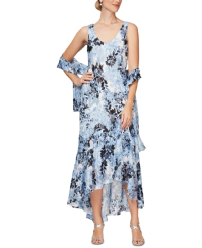 Shop Alex Evenings Printed High-low Dress & Shawl In Blue/black Floral