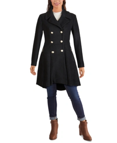 Shop Guess Double-breasted Skirted Coat In Black