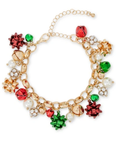 Charter Club Tri-tone Crystal, Imitation Pearl & Bow Jingle Bell Charm Bracelet, Created For Macy's In Gold