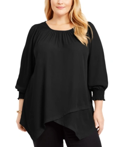 Shop Ny Collection Plus Size Smocked-cuff Blouse In Black