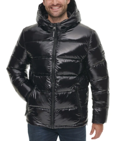 Shop Calvin Klein Men's High Shine Hooded Puffer Jacket In Black