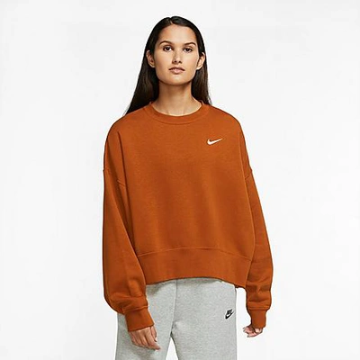 Shop Nike Women's Sportswear Essential Fleece Crewneck Sweatshirt In Tawny/white