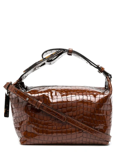 Shop Ganni Crocodile-effect Shoulder Bag In Brown