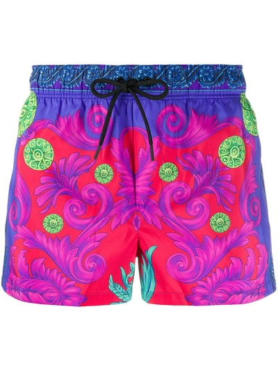Shop Versace Fluo Barocco Thigh-length Swim Shorts In Blue