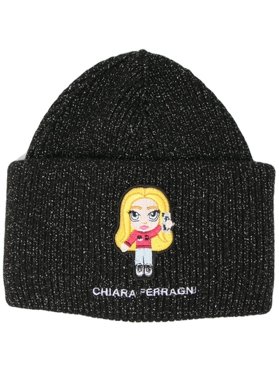 Shop Chiara Ferragni Chiara Ribbed-knit Beanie In Black