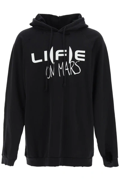 Raf Simons Distressed Life On Mars-print Hoodie In Black