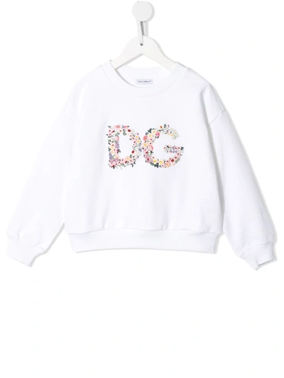Dolce & Gabbana Crew Neck Sweatshirt In Jersey With Dg Flowers Embroidery In White