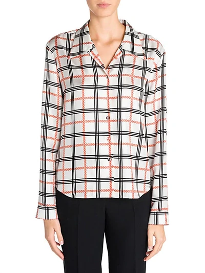 Shop Giorgio Armani Plaid Logo Print Silk Blouse