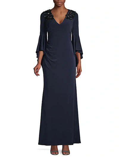 Shop Calvin Klein Embellished Stretch Bell-sleeve Gown