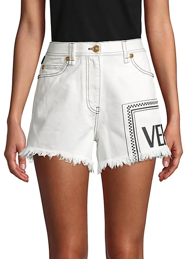 Shop Versace Frayed-hem Logo Denim Shorts
