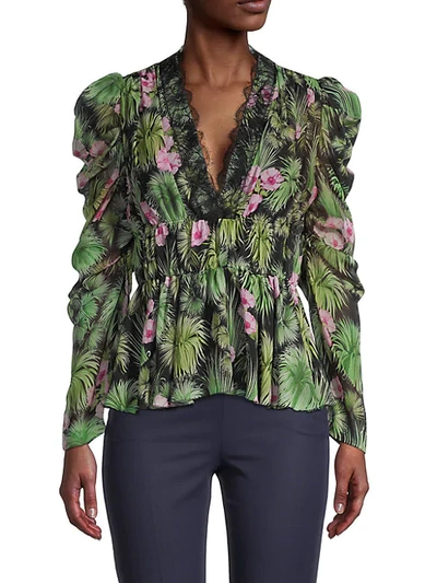 Shop Giambattista Valli Puff-sleeve Botanical Silk Blouse