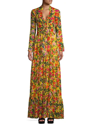 Shop Saloni Silk Georgette Floral Long-sleeve Maxi Dress