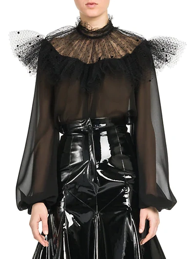 Shop Giambattista Valli Sheer Tulle Mockneck Blouse