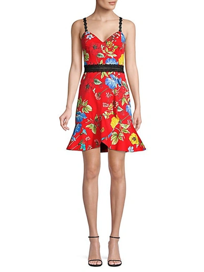 Shop Alice And Olivia Kirby Lace-trimmed Floral Fit-and-flare Dress