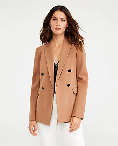 Shop Ann Taylor Petite Long Double Breasted Blazer In Toffee Nut