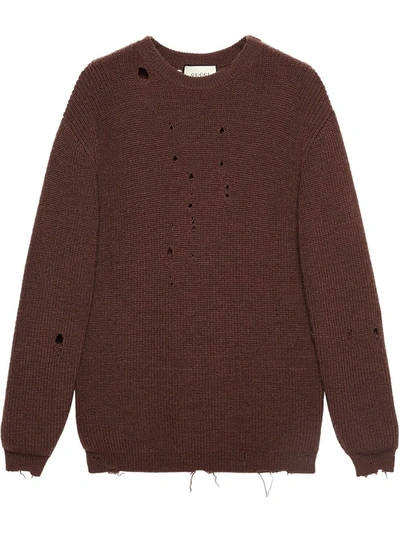 Shop Gucci Distressed Oversize Jumper In Brown