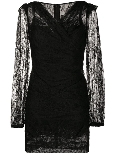 Shop Dolce & Gabbana Ruched Lace Mini Dress In Black
