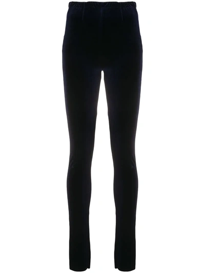 Shop Forte Forte Slim Velvet-detail Trousers In Blue