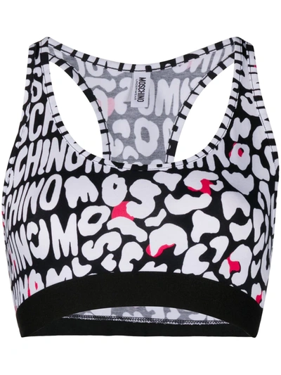 Shop Moschino Logo Pattern Sports Bra Top In Black