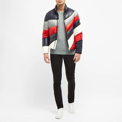 Shop Moncler Argento Panel Stripe Down Jacket In Blue