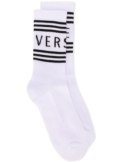 Versace Short Socks W/ Striped Logo Cuff In White