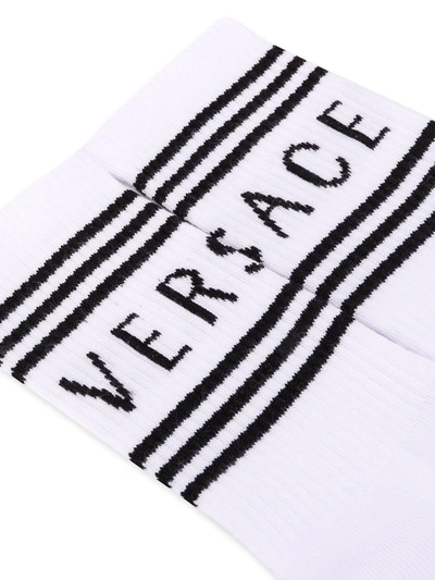 Versace Short Socks W/ Striped Logo Cuff In White