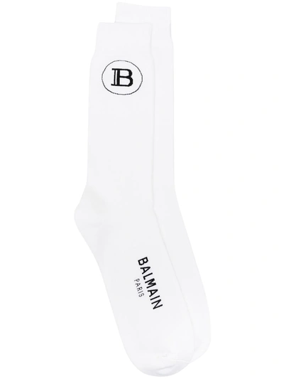Shop Balmain Intarsia Logo Socks In White