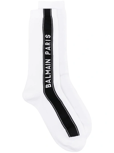 Shop Balmain Logo Stripe Mid-calf Socks In White