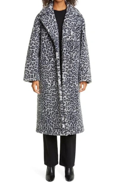 Shop Stand Studio Maria Long Leopard Print Faux Fur Coat In Blue/ Grey Leo