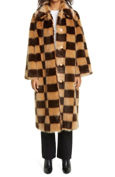 Shop Stand Studio Nino Long Checkerboard Faux Fur Coat In Beige/ Brown Check