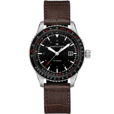 Hamilton Men's Swiss Automatic Khaki Aviation Converter Brown Leather Strap Watch 42mm In Black