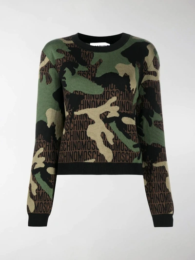Shop Moschino Camouflage Knitted Jumper In Green