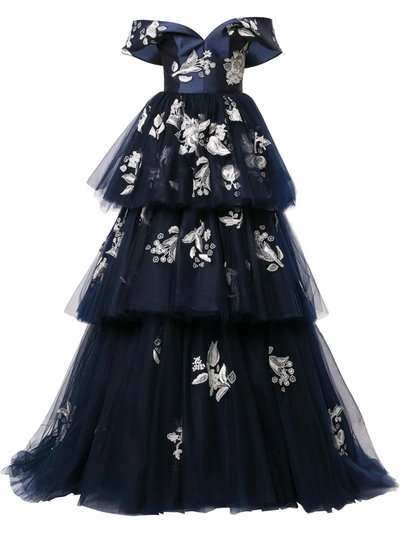 Shop Carolina Herrera Tiered Floral-lace Gown In Blue