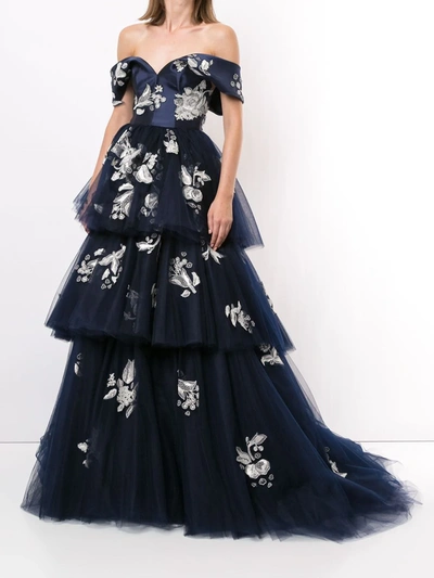 Shop Carolina Herrera Tiered Floral-lace Gown In Blue