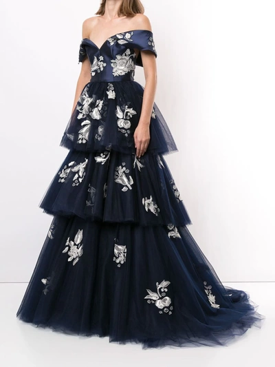 Shop Carolina Herrera Tiered Floral-lace Gown In Blue