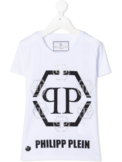 Shop Philipp Plein Junior Hexagon Crystal Logo T-shirt In White