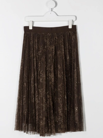 Shop Ermanno Scervino Junior Glitter Lace Panelled Skirt In Brown