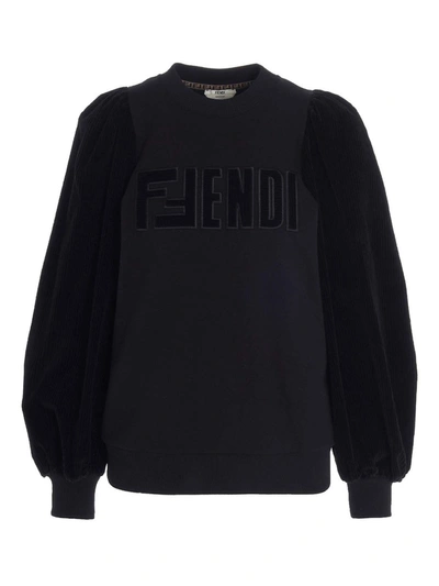 Shop Fendi Logo Velvet Sweatshirt In Black