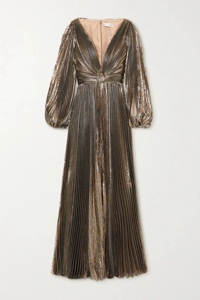 Shop Oscar De La Renta Knotted Pleated Silk-blend Lamé Gown In Gold
